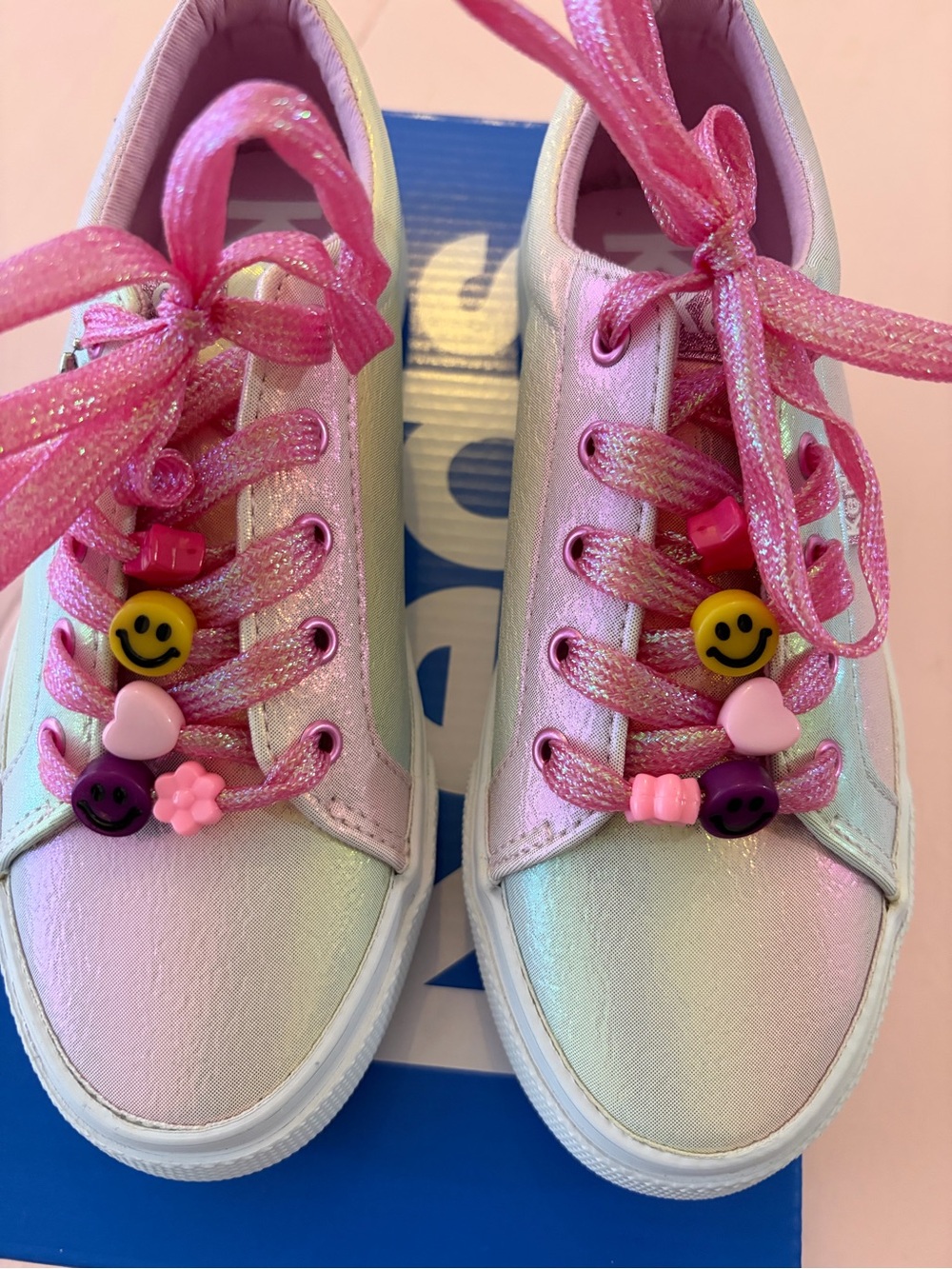 NWOT!! never worn!! Iridescent Pink and White Kids Sneakers with Fun beads